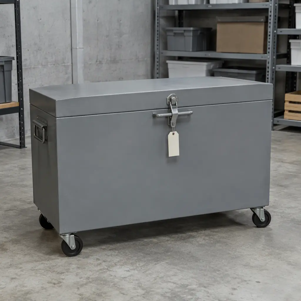 Photorealistic photograph of a closed grey industrial wheeled storage cabinet with a blank inventory tag in a clean storage room, no people faces and no text