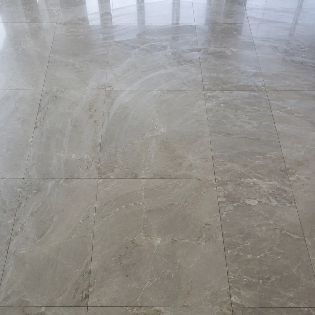 Photorealistic overhead photograph of a large polished commercial atrium floor with faint curved cleaning pass marks, wide empty space, soft daylight from a glazed roof, no people and no text
