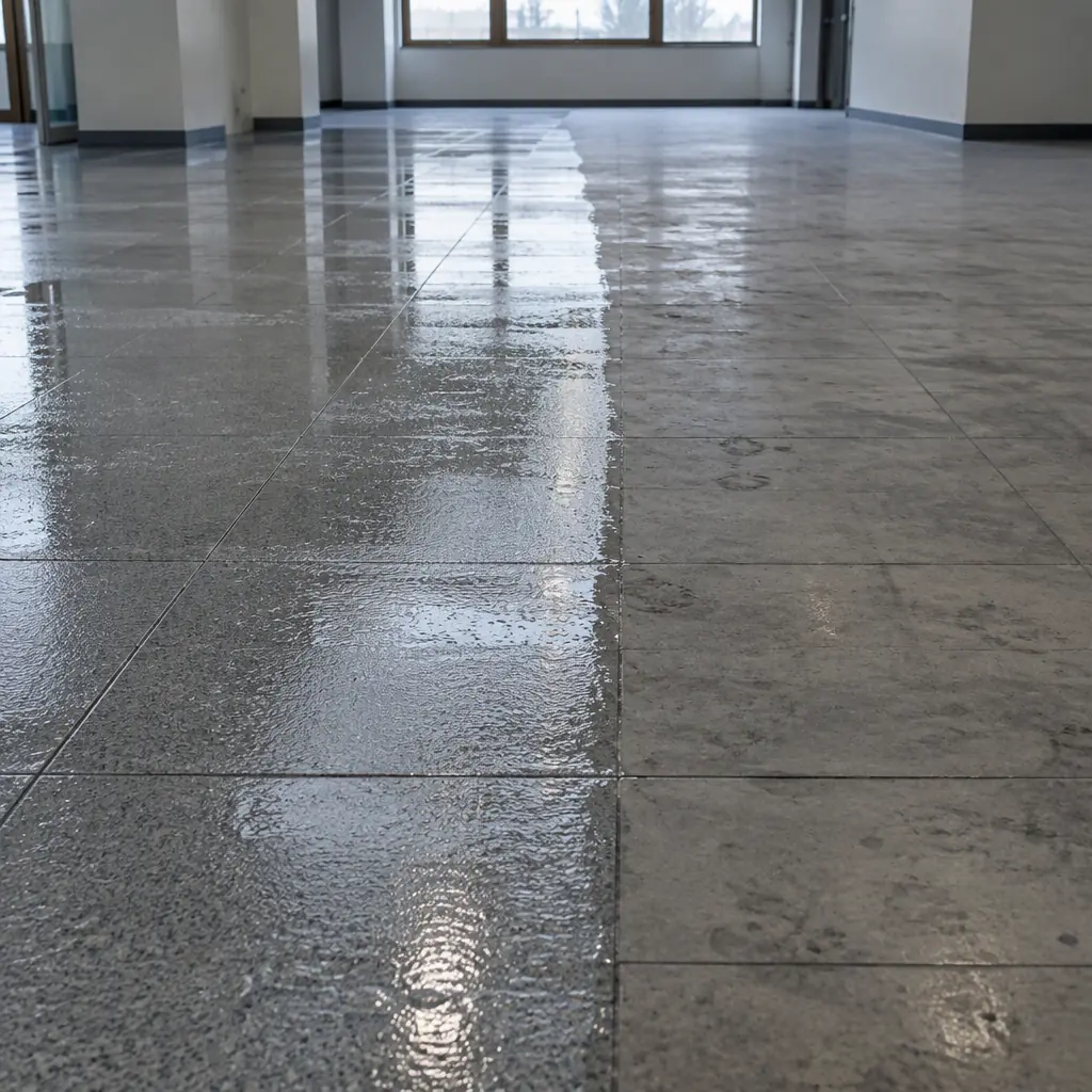 Photorealistic photograph of a white floor-scrubbing robot leaving a clean wet pass on a tiled commercial floor beside a dry uncleaned strip, water sheen visible, industrial daylight, no people and no text
