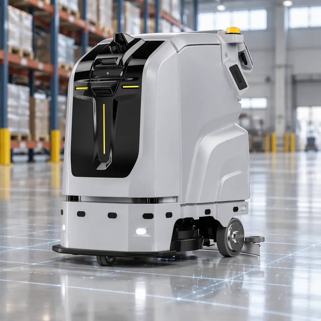 Photorealistic 3D render of a white autonomous cleaning robot on a polished warehouse floor with a faint calibration grid projected beneath it, no people and no text