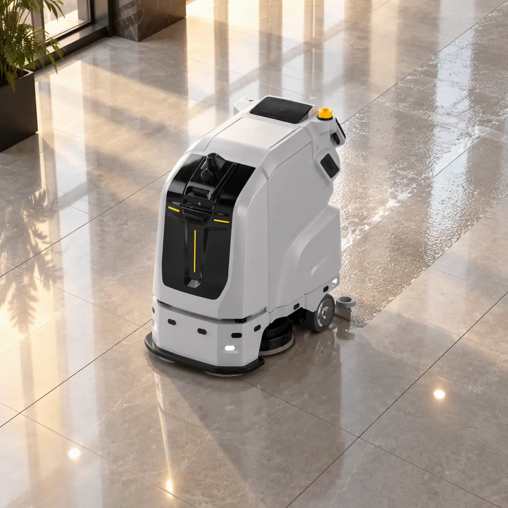 Photorealistic overhead view of an autonomous floor scrubbing robot working a diagonal path across a large tiled hall, water sheen behind it, no people and no text