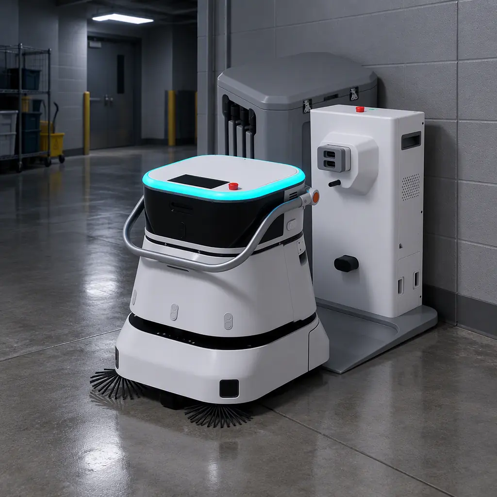 Autonomous cleaning machine stationary beside a charging dock in an empty commercial service area at night, no people and no text