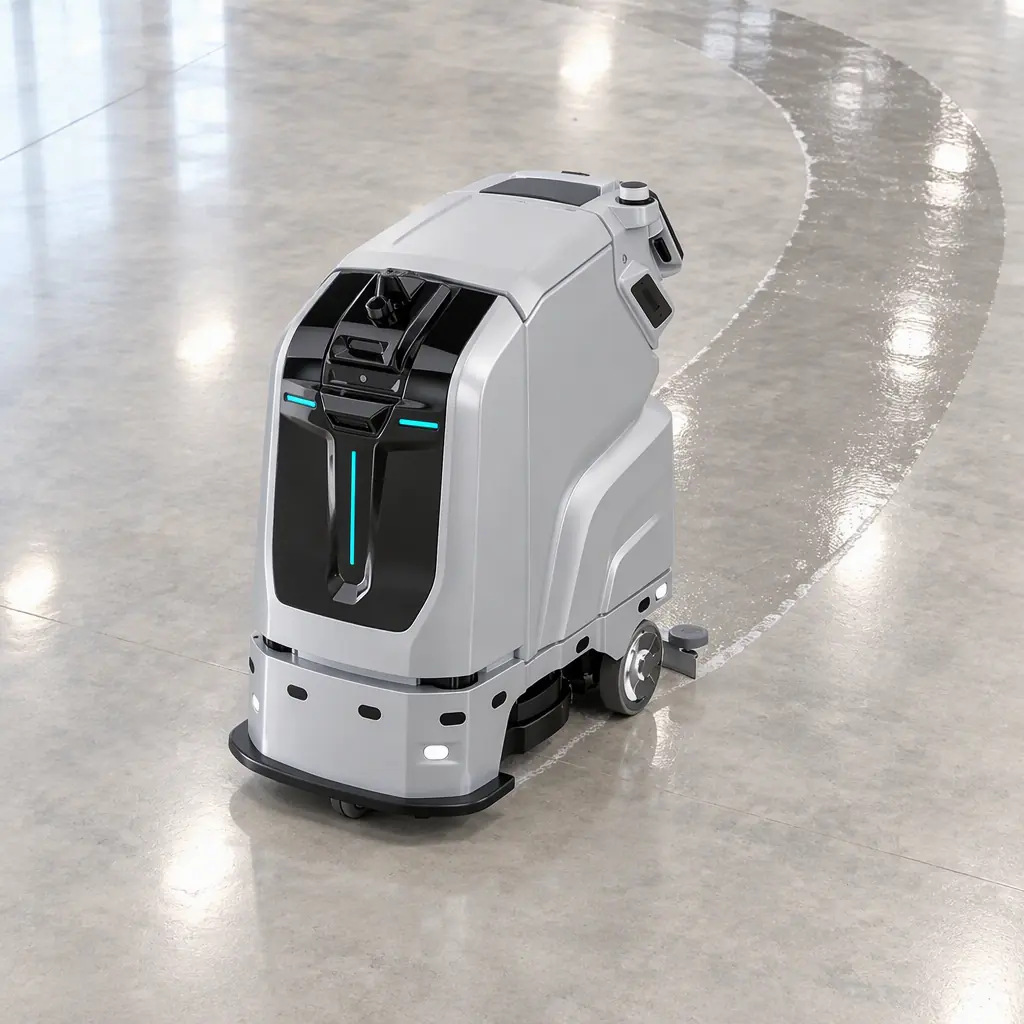 Photorealistic overhead view of a large autonomous cleaning machine working a wide open commercial floor with a clean wet trail behind it, no people and no readable text