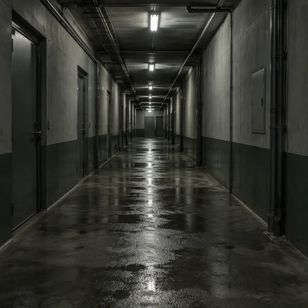 Photorealistic empty underground concrete service corridor at night under fluorescent lighting with wet floor reflections, no people and no machines and no text