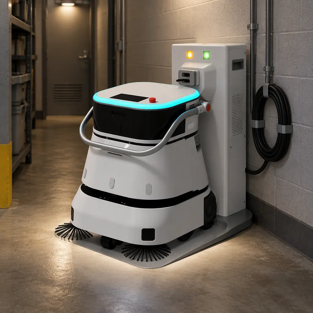 Photorealistic charging dock bay for autonomous robots in a service corridor, cable management and status lights, no people and no text, no people and no text