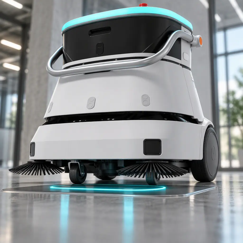 Photorealistic close-up of an autonomous robot docking onto an inductive charging plate on a concrete floor, no people and no text