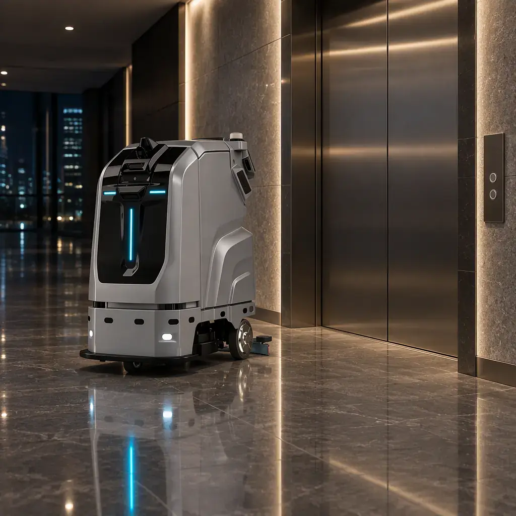 AOMAN C2 Pro robot waiting at a hotel lift landing with call buttons
