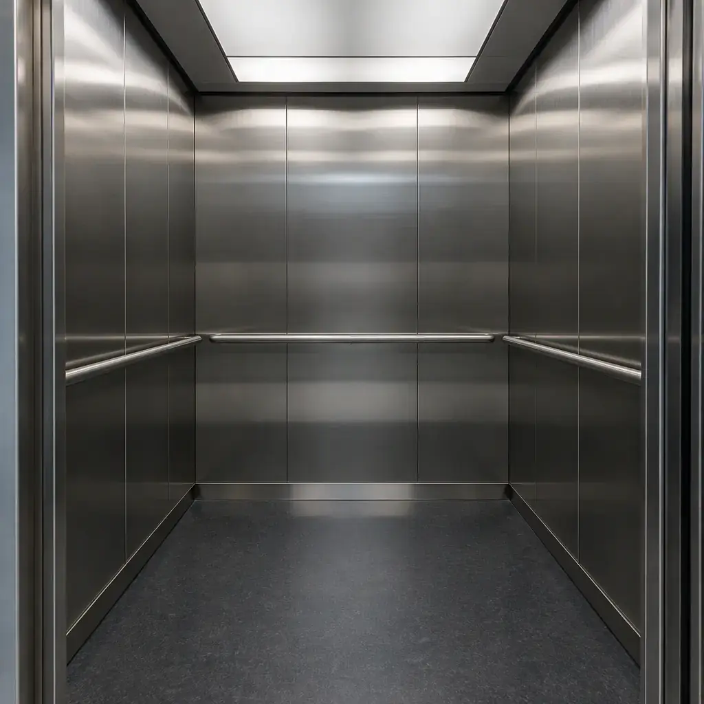 Empty stainless steel elevator cabin interior with handrails