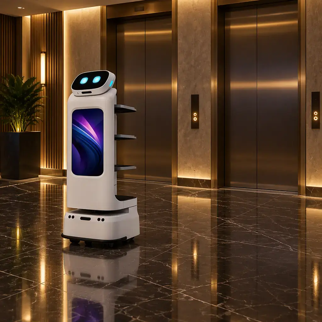 AOMAN D1 delivery robot carrying shelves inside a marble hotel lift lobby
