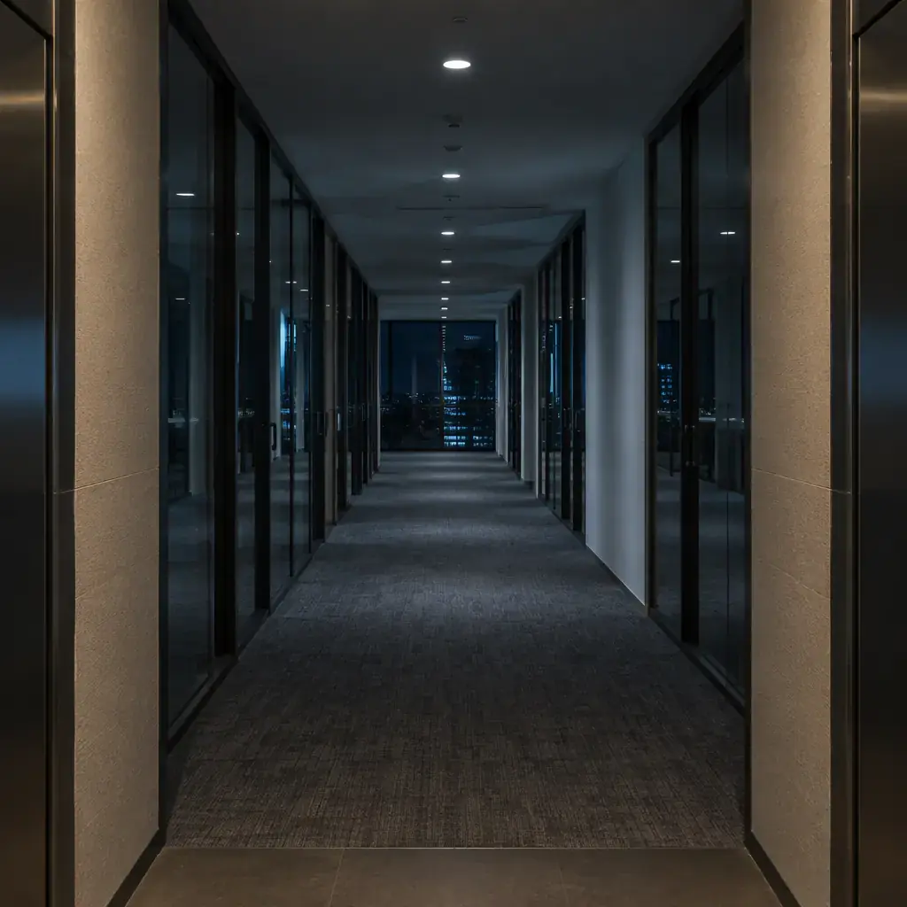 Empty carpeted office corridor leading to a window at night