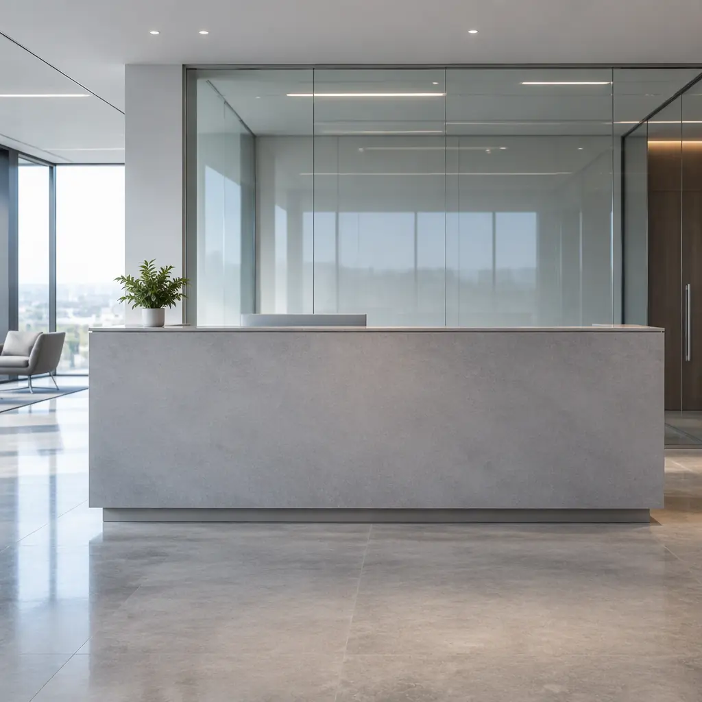 Photorealistic empty modern office reception area with a plain grey desk and glass partition, no people, no text