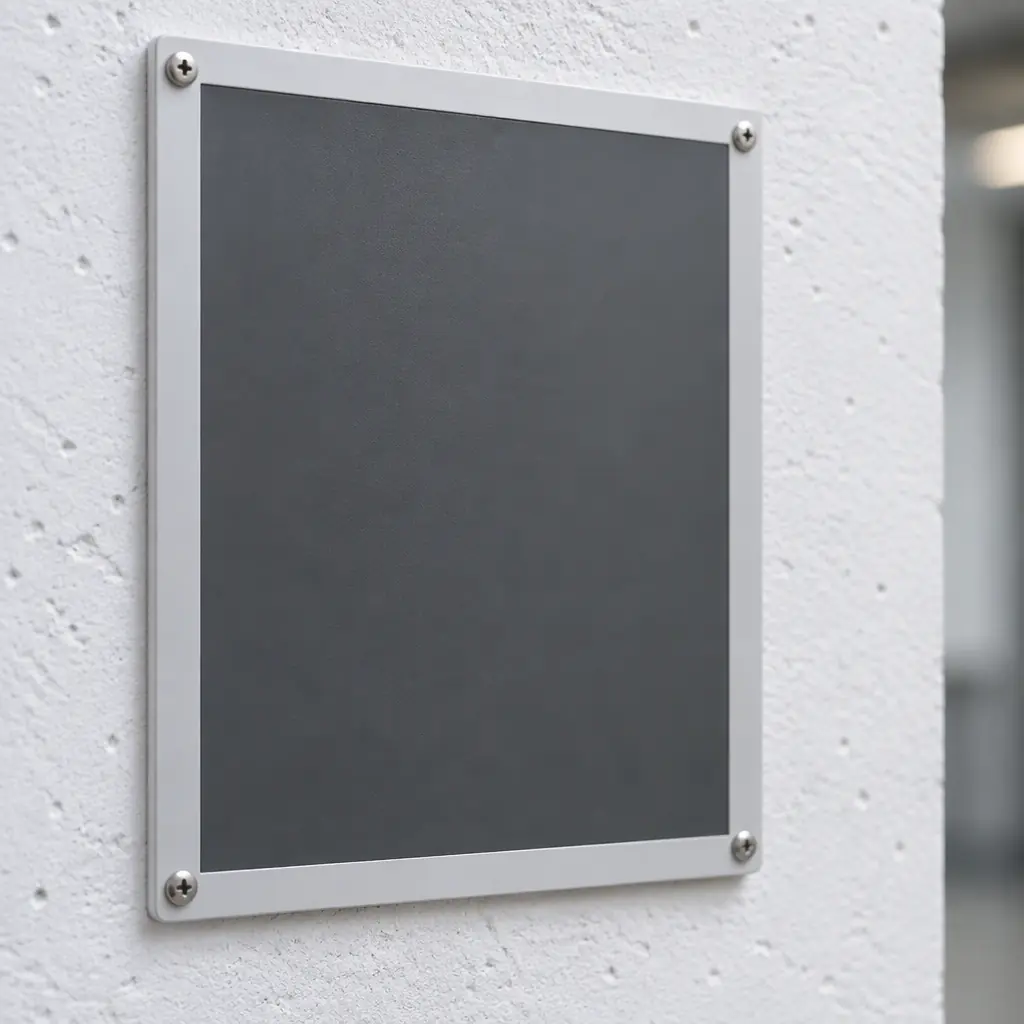 Photorealistic blank grey wall-mounted signage frame with no symbols or readable text, no people