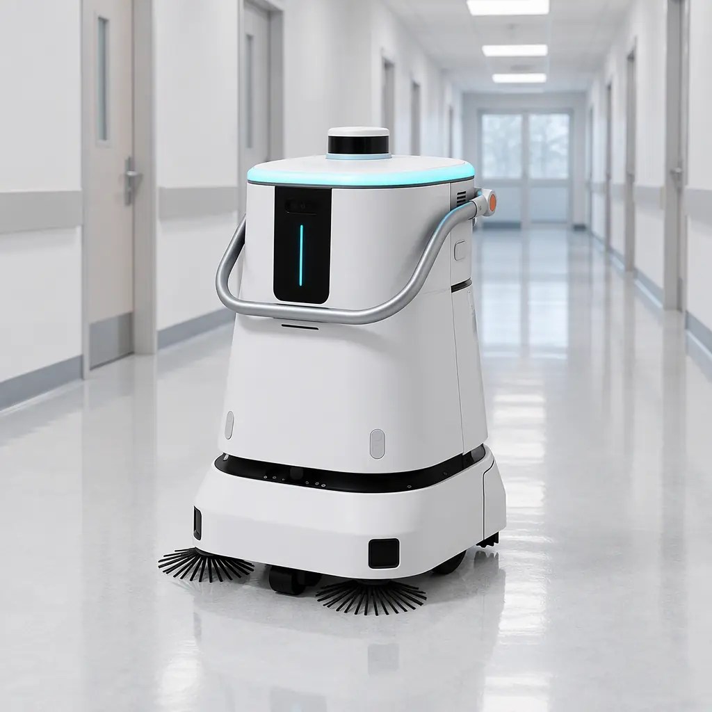 Photorealistic white AOMAN C2 Pro cleaning robot stationary in a quiet hospital corridor, blank panel, no people and no text