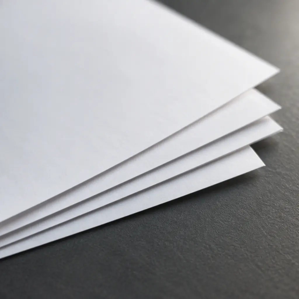 Photorealistic blank white paper sheets layered on a dark grey surface, no readable text