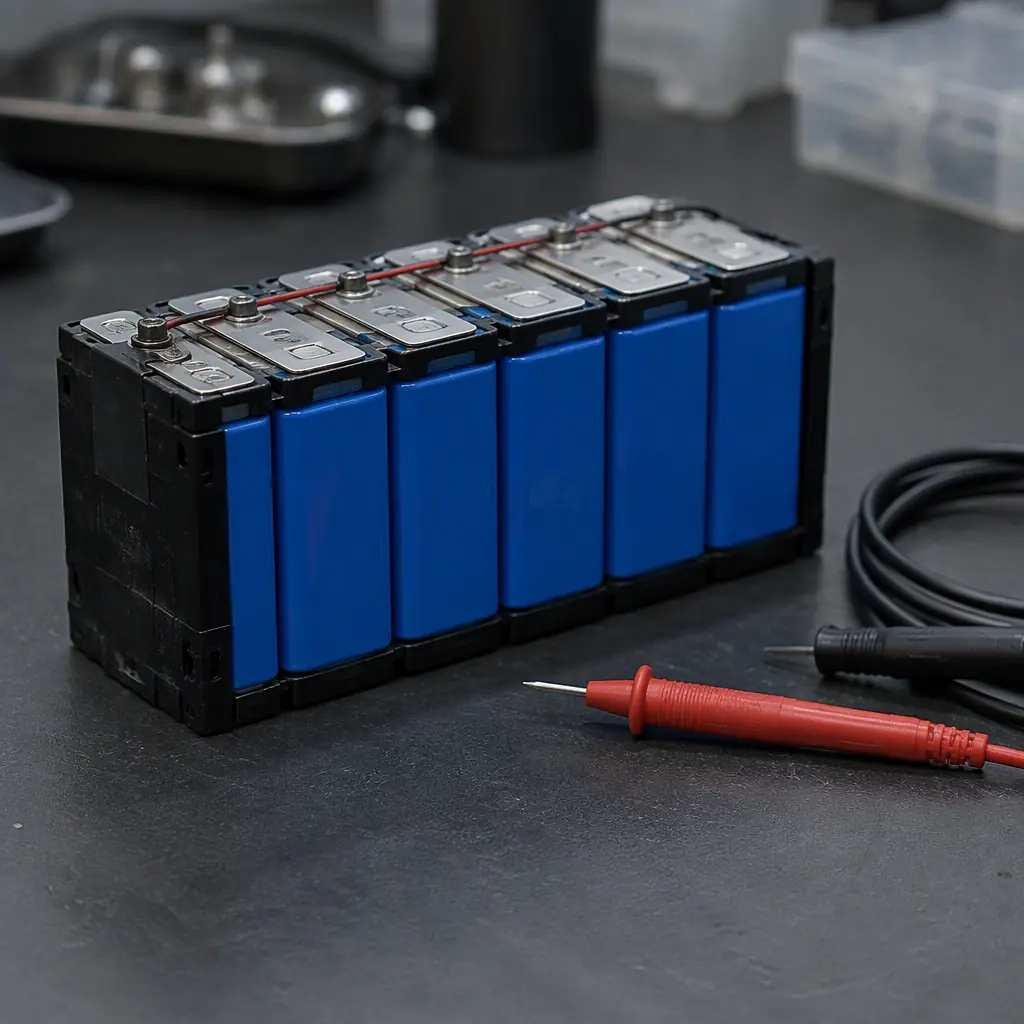 Photorealistic macro photograph of a lithium battery pack on a dark workbench with a multimeter probe and cable, cool industrial lighting, no people faces and no text