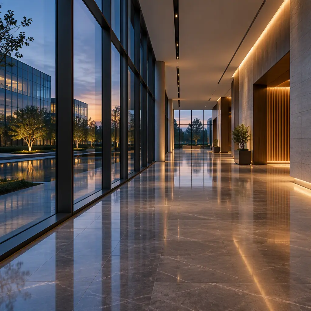 Empty modern corporate campus corridor at dusk with glass walls and clean reflective floor, no robots and no people and no text
