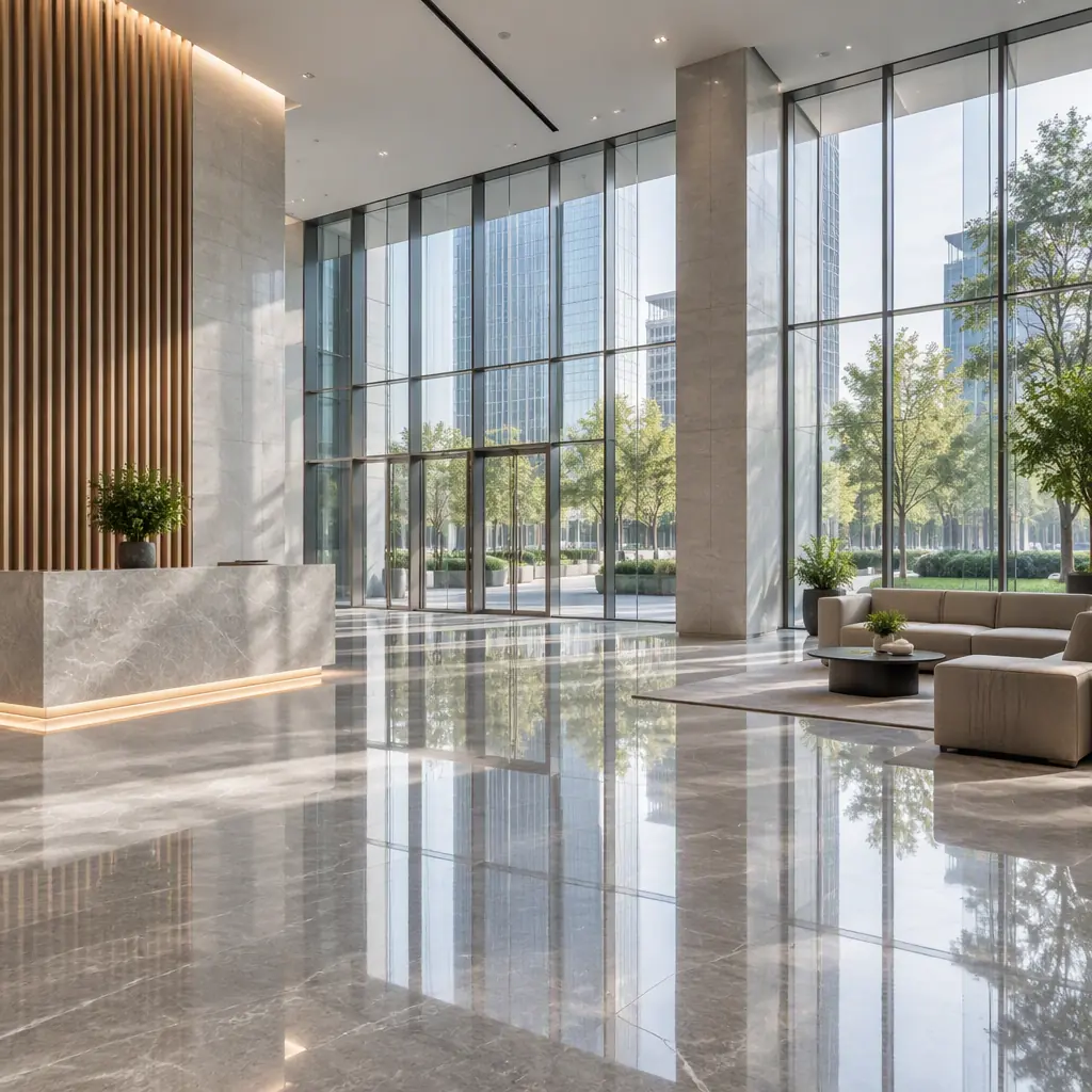 Empty modern office building lobby with glass walls and polished floor reflecting ambient light, no robots and no people and no text