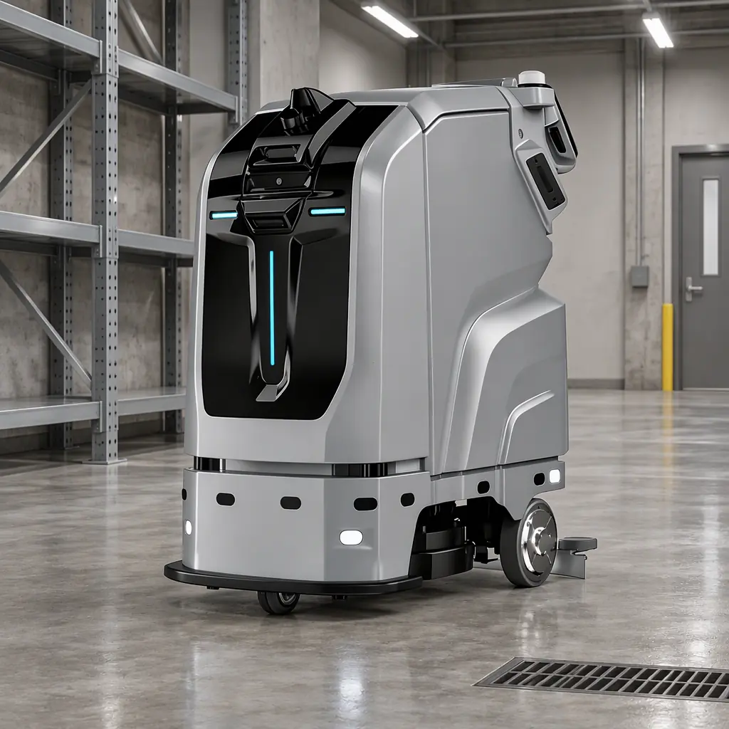 Photorealistic empty industrial service bay with a concrete floor and plain steel racking, no people and no text