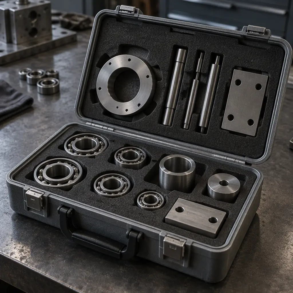 Photorealistic open grey tool case with plain machined metal components on a dark workbench, no text, no labels