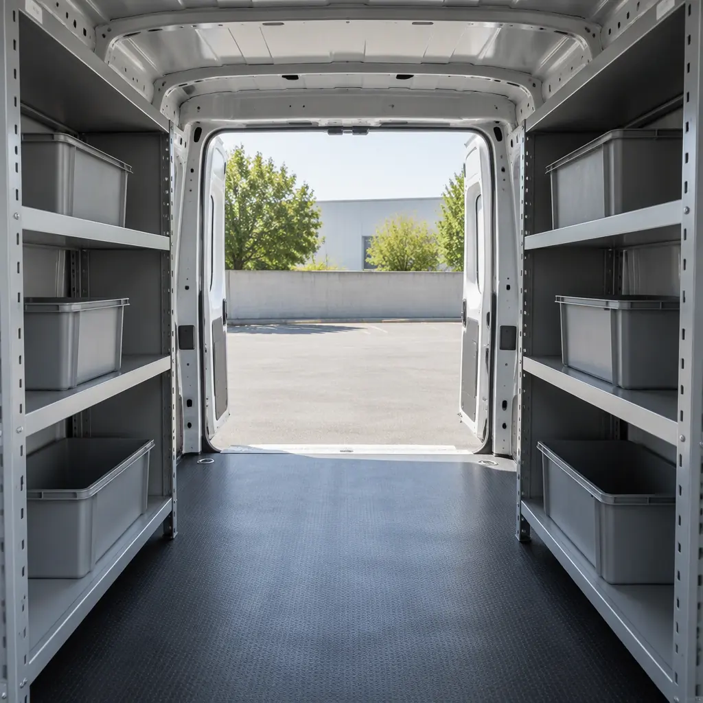 Photorealistic plain grey service van interior with empty metal shelving, no text, no logos