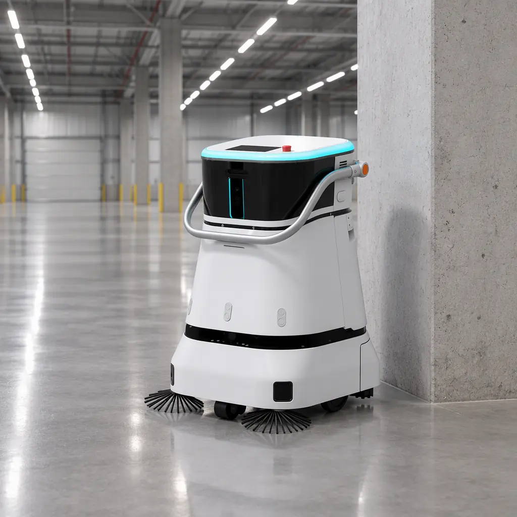 Photorealistic silver-grey AOMAN C1 floor scrubber stationary beside a concrete pillar in an empty warehouse aisle, blank panel, no people and no text
