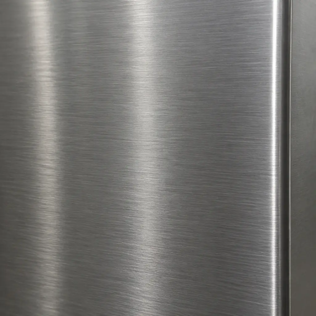 Photorealistic close-up of a plain brushed steel panel with soft reflections, no text, no logos