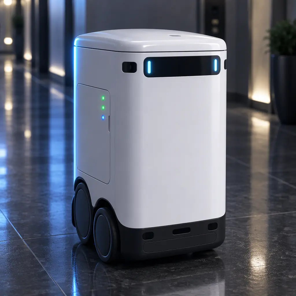 Photorealistic close view of a white service robot body panel with status LEDs and a sealed service port, soft blue rim lighting, no people and no text