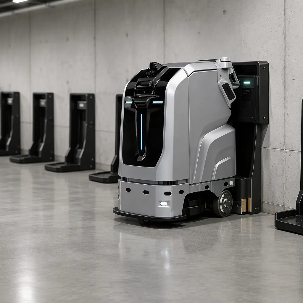 Row of autonomous floor cleaning robots parked at illuminated charging docks in a commercial building service bay
