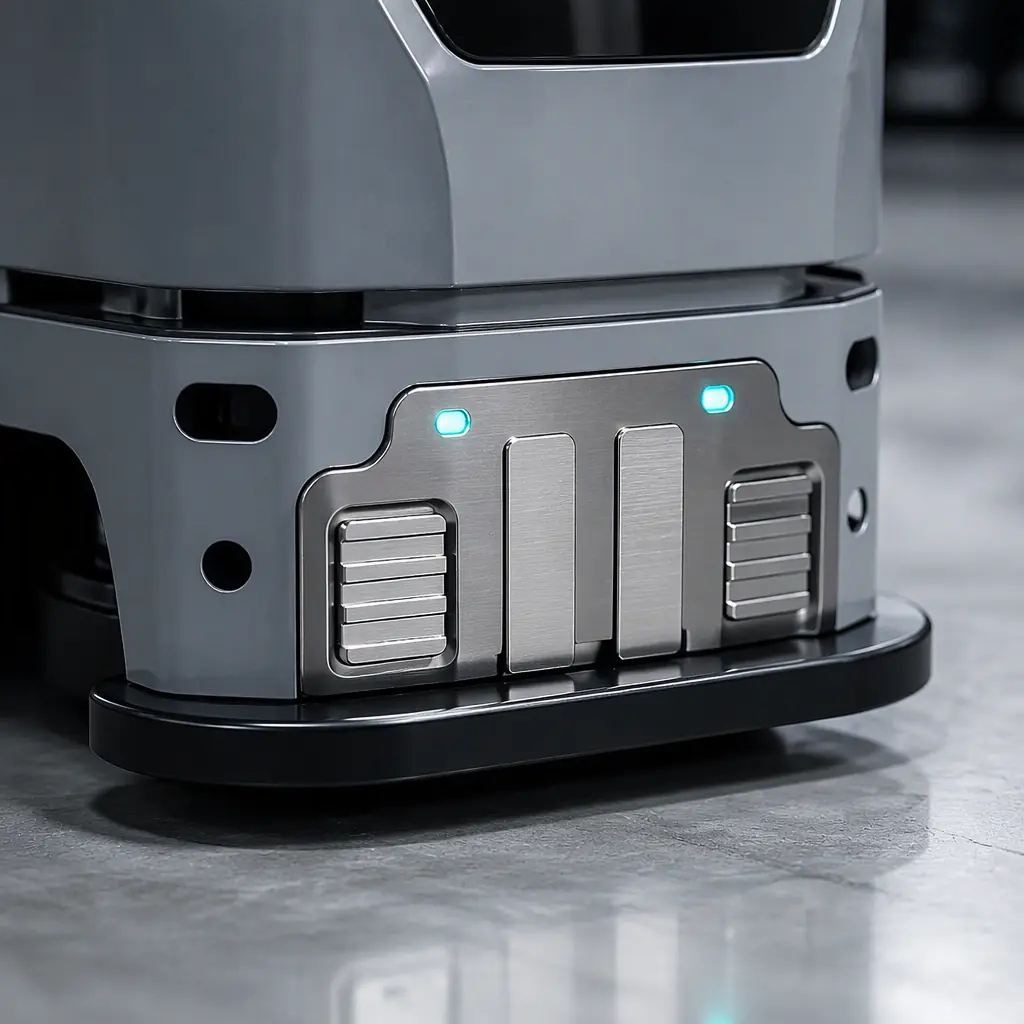 Close-up photograph of a charging contact plate on a dark machine base, clean metal contacts and indicator lights on a polished concrete floor, no people, no text