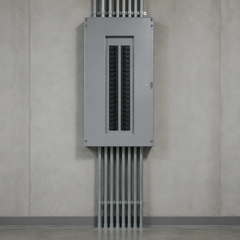 Industrial electrical distribution panel on a concrete wall with neatly routed conduit and labelled breakers, clean and dry, no people, no readable text
