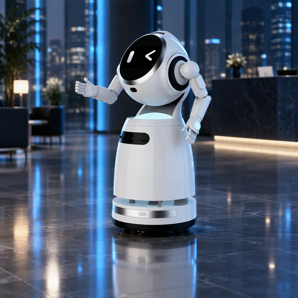 Photorealistic night view of an autonomous delivery robot in a modern office lobby, glass walls reflecting soft blue accent lighting, no people and no text