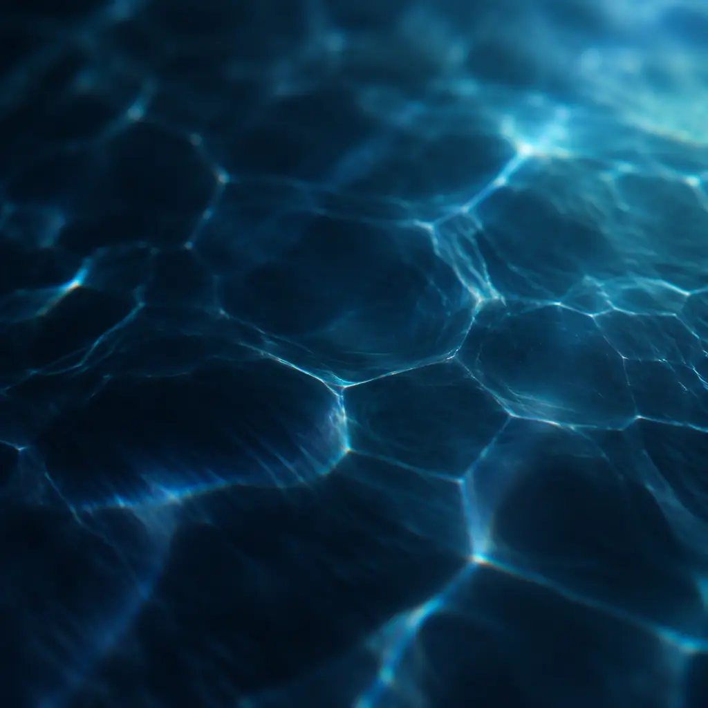 Abstract dark navy glassy surface with faint hexagonal light refraction and a soft cyan glow