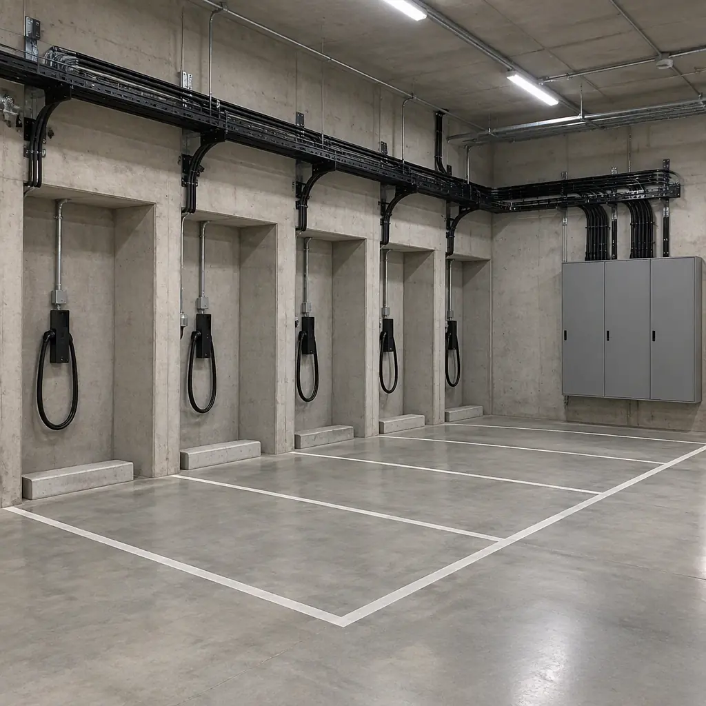 Photorealistic photograph of a row of charging docks for autonomous robots in a concrete plant room, cable trays overhead and an electrical distribution panel on the wall, no people faces and no text