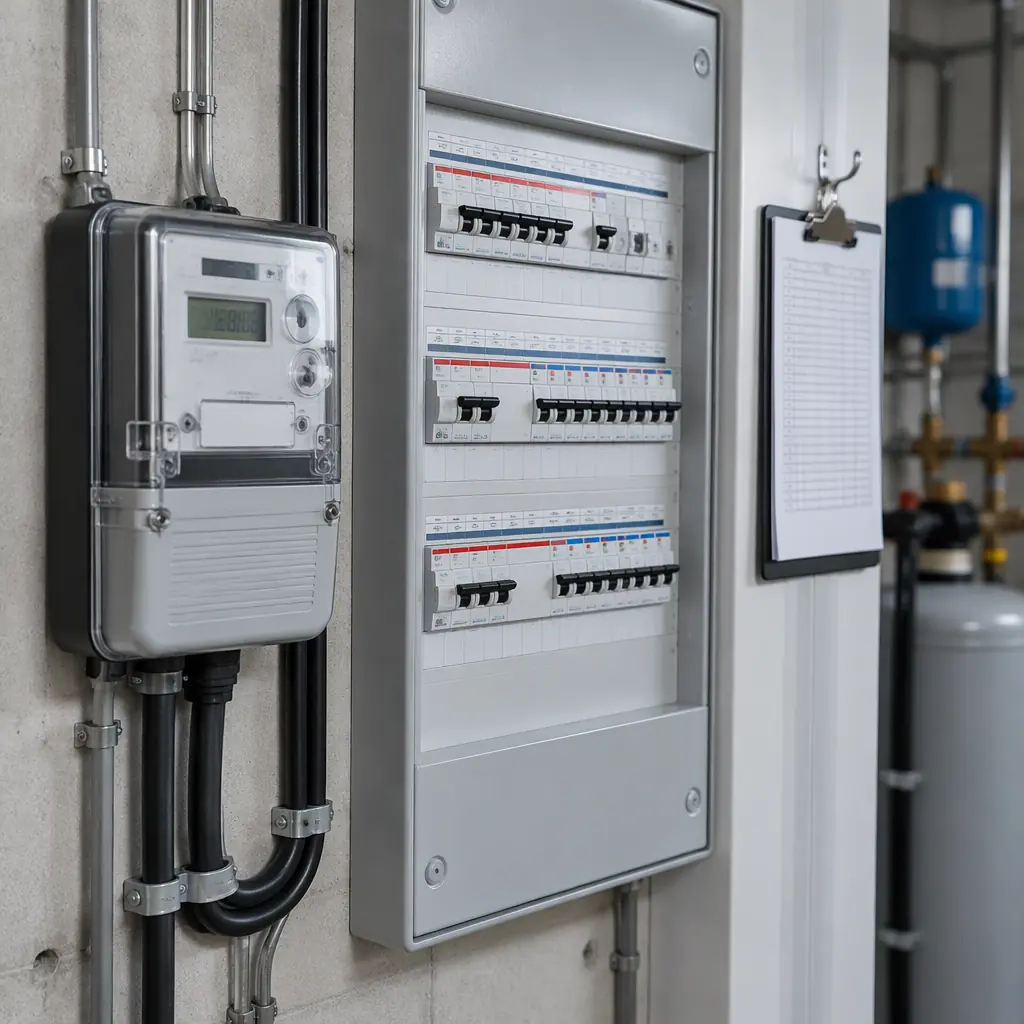 Photorealistic photograph of a wall-mounted electricity meter and an electrical panel with neat labelled breakers in a clean plant room, a clipboard hanging beside it, no people faces and no text