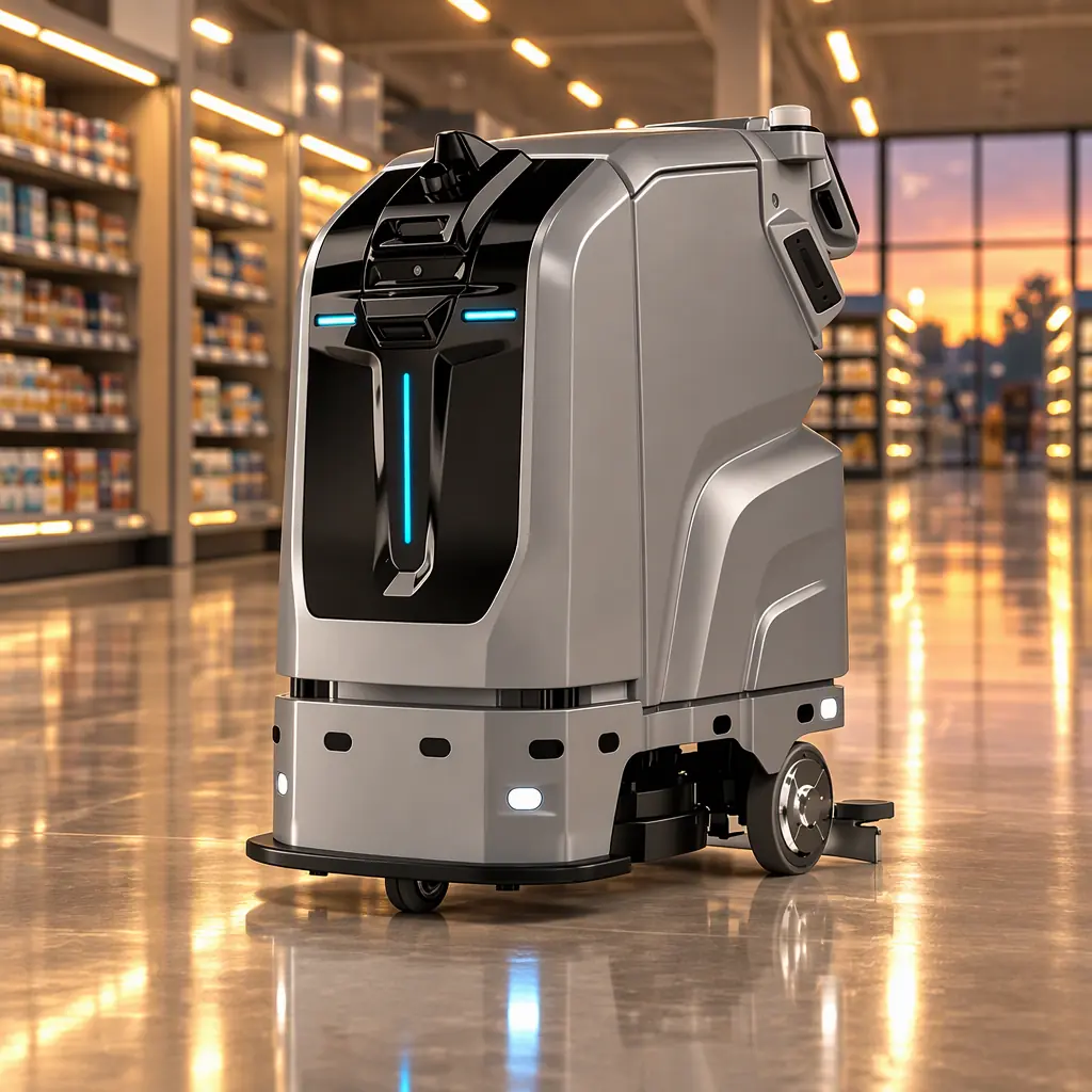 A single AOMAN C1 floor scrubber crossing a polished retail floor at dusk, cyan LED strip lit, long reflections of ceiling lights on the floor