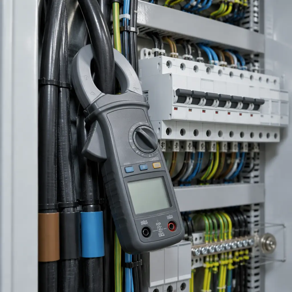 Photorealistic close-up of an electrical distribution cabinet with a clamp meter on a charging circuit, no people faces, no text