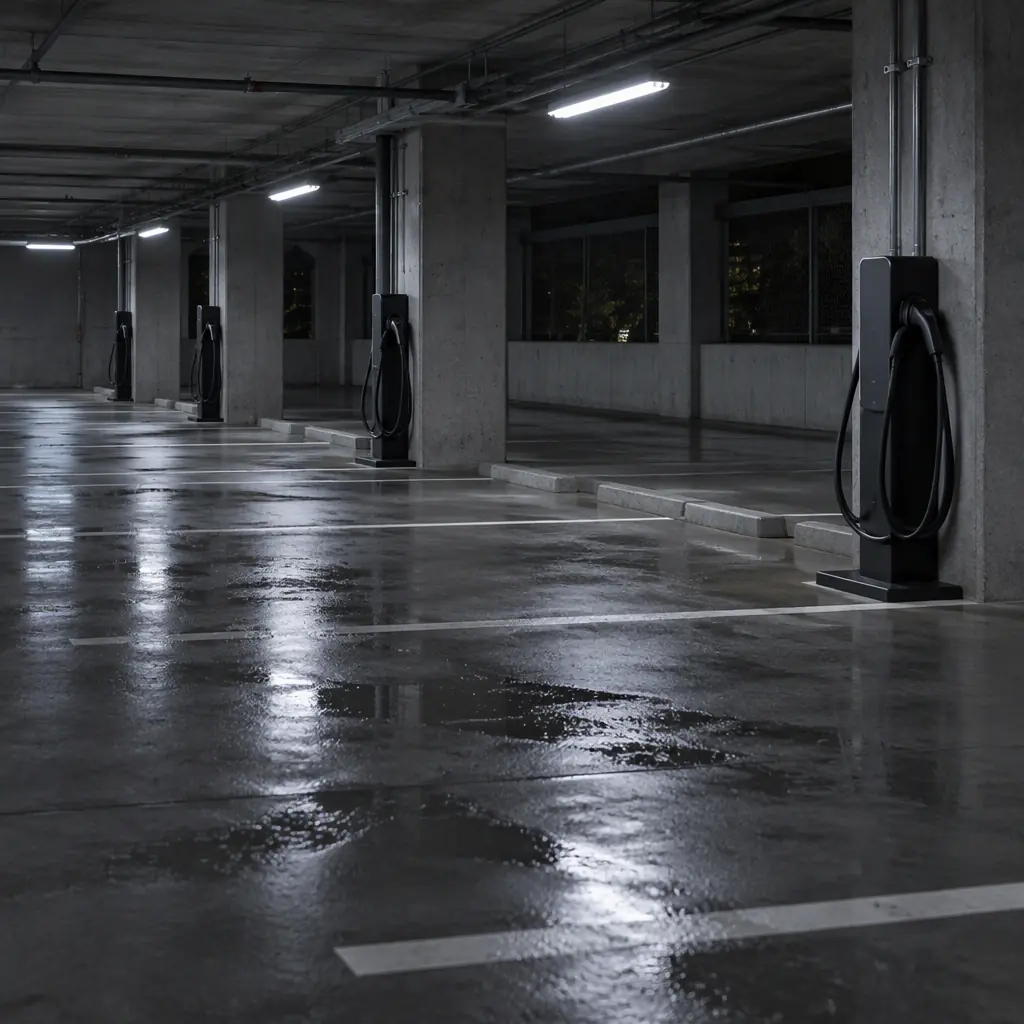 Photorealistic empty commercial car park charging bay row at night with cable reels, no robots, no machines, no vehicles, no product renders, no people faces, no text
