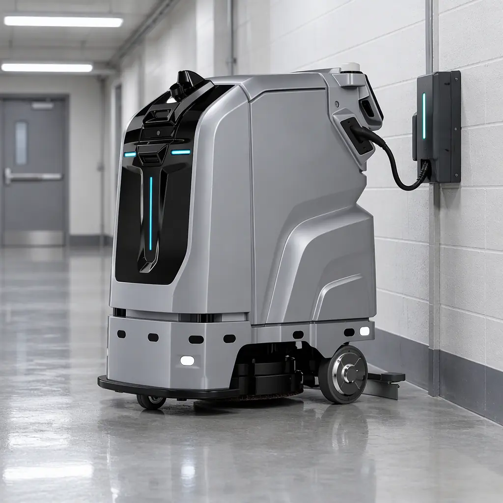 Photorealistic AOMAN C1 autonomous floor scrubber parked at its charging dock in a service corridor, side view, no people faces, no text