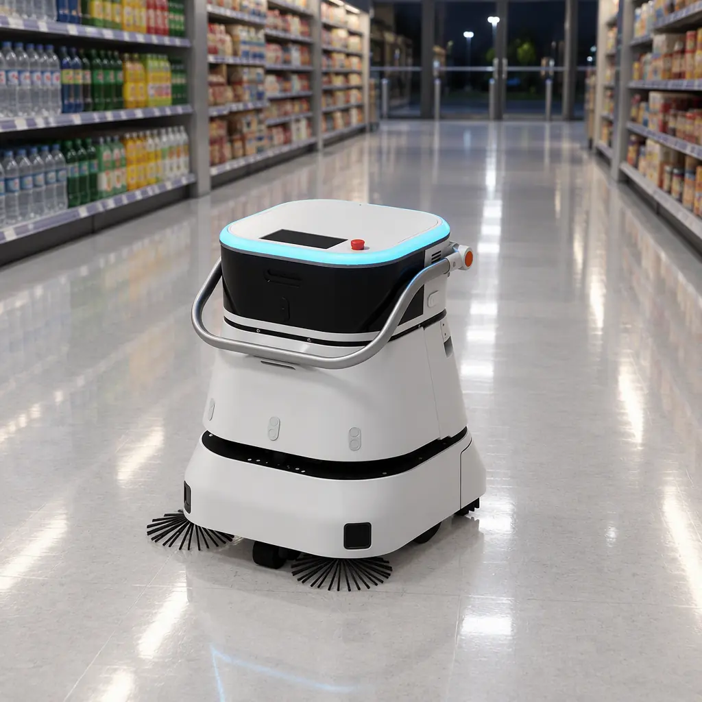 An AOMAN C2 Pro compact scrubber cleaning the floor of a supermarket aisle after closing, white body with black central band and cyan light ring