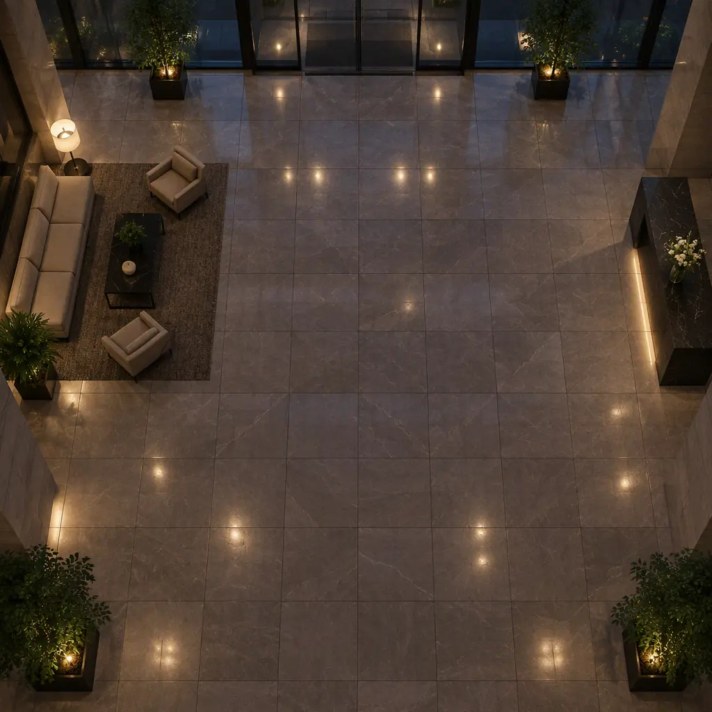 Photorealistic overhead view of four white autonomous cleaning robots working in parallel across a large tiled lobby floor at night, no people and no text