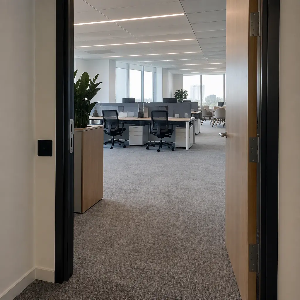 Photorealistic close view of a white autonomous cleaning robot passing through a narrow office doorway between a corridor and open-plan desks, no people and no text