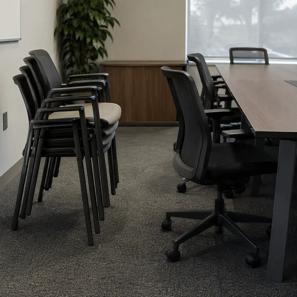 Photorealistic photograph of stacked office chairs obstructing a carpeted meeting room floor, showing the obstacle density that reduces autonomous throughput, no people and no text