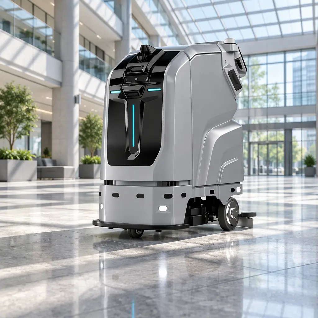 A single AOMAN C1 scrubber crossing a vast office atrium floor in bright morning daylight under a glass roof, cool grey stone flooring