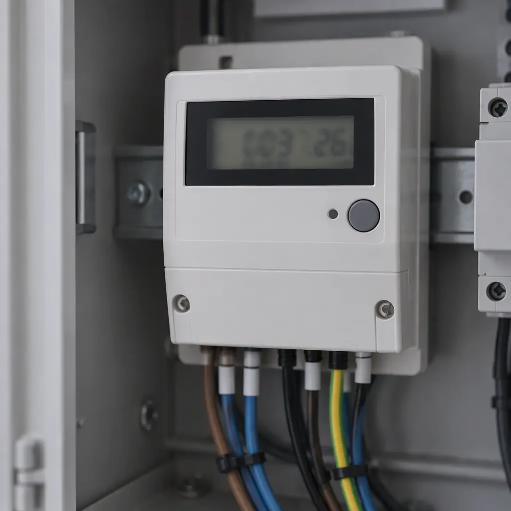 Photorealistic close-up of a digital electricity sub-meter display inside a metering cabinet, no robots, no machines, no product renders, no people faces, no legible text