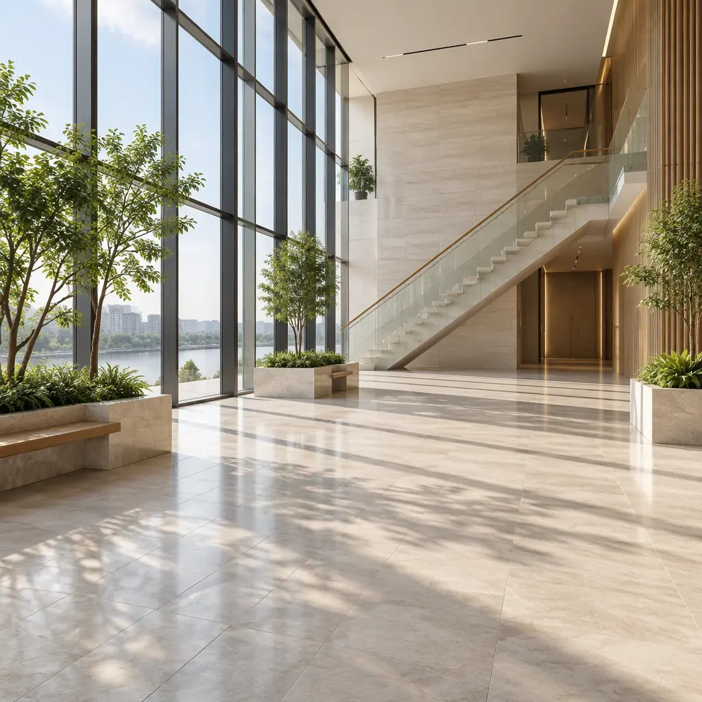 Photorealistic empty modern office atrium with daylight and glass walls, no robots, no machines, no product renders, no people faces, no text