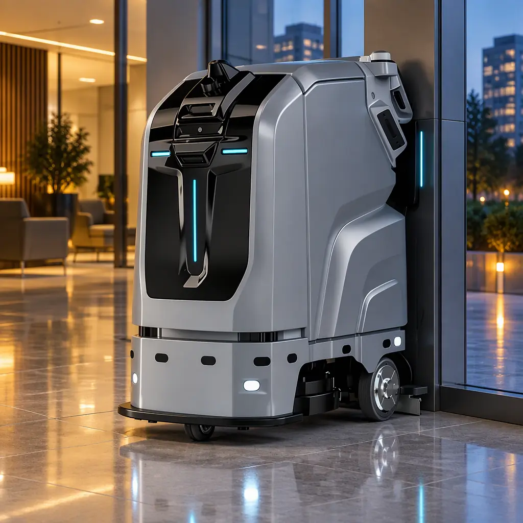 Photorealistic AOMAN C1 floor scrubber charging at a dock in a glass-walled office lobby at dusk, front three-quarter view, no people faces, no text