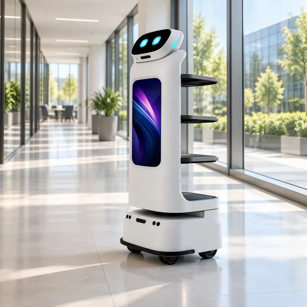 An AOMAN D1 delivery robot moving through a glass-walled corporate campus corridor in afternoon daylight, three trays visible from a rear three-quarter view