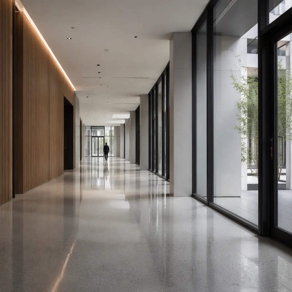 Wide modern facility corridor with soft light reflections on a clean floor, no robots visible