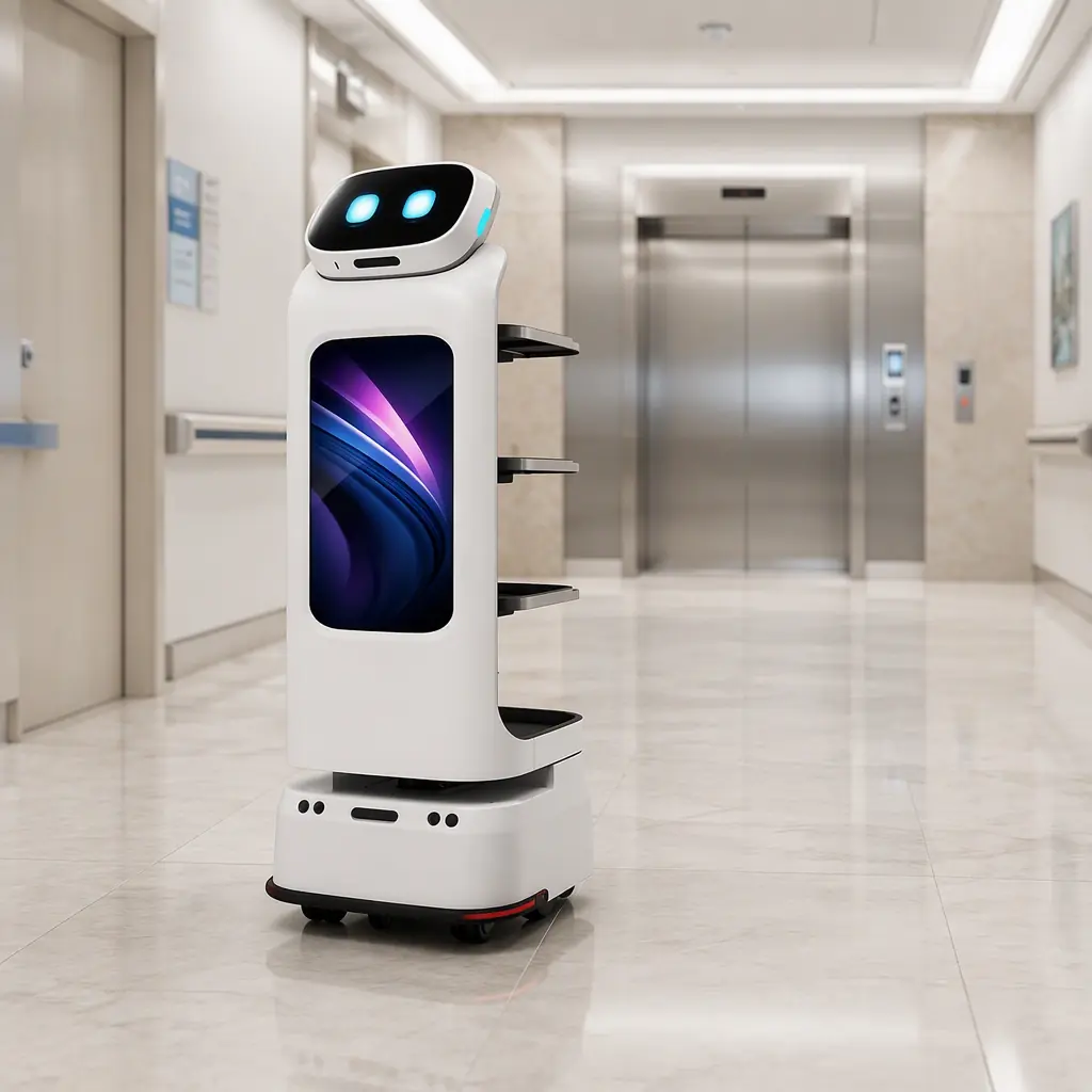 Autonomous delivery robot travelling a clean hospital corridor, three-quarter view, photorealistic, no logos