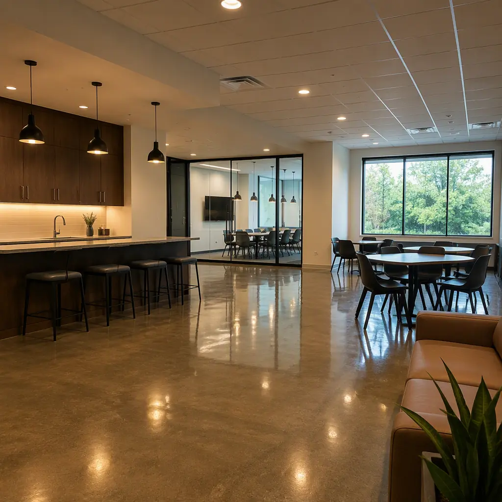 Empty modern facility break room with warm ambient lighting and a clean reflective floor, no robots
